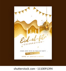 White paper mosque and hanging illuminated golden lantern, bunting flags on glitter texture, floral background. Eid-Al-Fitr celebration invitation card design.
