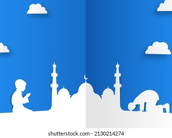White Paper Mosque With Islamic Boys Offering Namaz (Prayer), Clouds And Copy Space On Blue Background For Muslim Community Festival Celebrate.