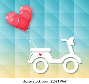 white paper motorcycle with red heart balloons in modern flat style. vector
