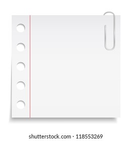 White paper note with clip, vector eps10 illustration