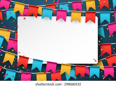 White paper note. Colorful celebration background with confetti. Vector Illustration.