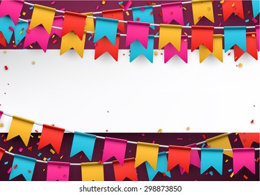 White paper note. Colorful celebration background with confetti. Vector Illustration.
