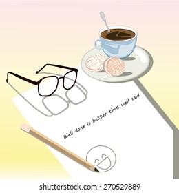 white paper note with dessert,cup of coffee,pencle and glasses vector