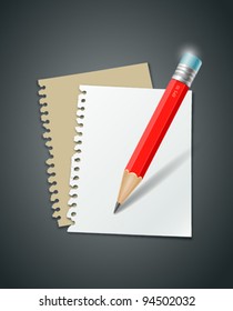 White paper note and orange pencil vector illustration