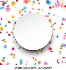 White paper note over colorful celebration background with defocused confetti. Vector illustration.