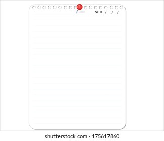 White paper note with pin red, vector illustration