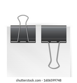 White paper note with two black metal binder clips. Realistic vector illustration. Paper holder. Design mockup.