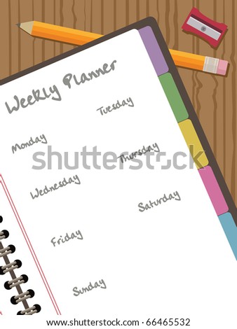white paper notebook with clipping mask, with pencil and weekly planner, vector illustration