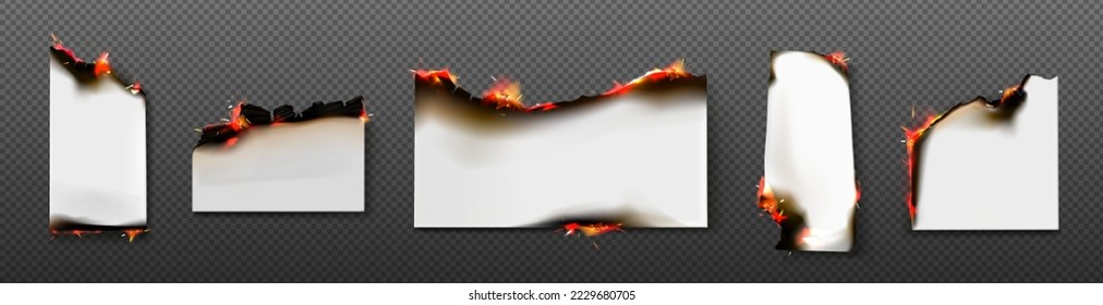 Notas de papel blanco en páginas en blanco de fuego, cuadradas y rectangulares con ángulos ardientes y bordes ardientes. Hojas dañadas en llamas con cenizas aisladas en fondo transparente, conjunto de vector 3d realista