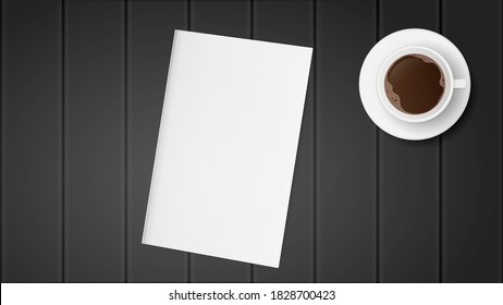 White paper on a black wooden table. A book with a blank cover. Cup of coffee on the table. Realistic vector.