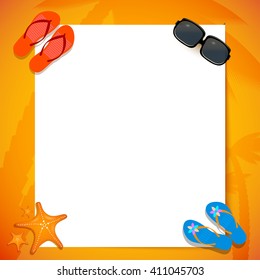 White paper on the sand, down by glasses, spanking and starfish. Poster for advertisements summer vacation travel agency. Poster beach holiday. Tour card. Invitation to the summer. Stock vector