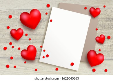White paper on a wooden background surrounded by hearts and confetti. Realistic flat lay with volumetric red hearts. Mock up on the theme of love, kindness and thankfulness. Vector illustration EPS 10