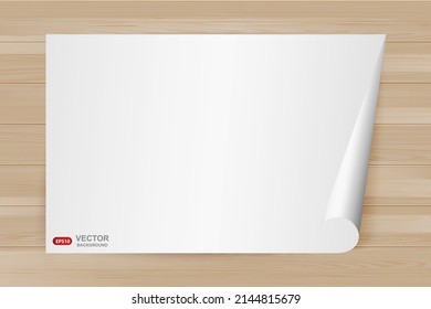 White paper on wooden background. Vector template of a blank sheet of A4 paper in top view on table surface. Vertical frame