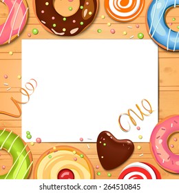 White paper on the wooden table. Mock up. Sweet, cupcakes and donuts. Template card. Vector watercolor background. Creative workspace.