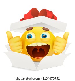White paper opened box with yellow emoticon smiley character. Vector illustration