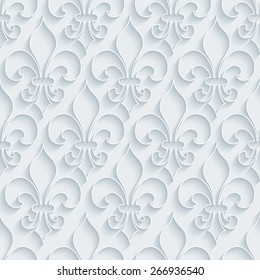 White paper with outline extrude effect. Fleur-de-lis 3d seamless background. Halftone vector EPS10.