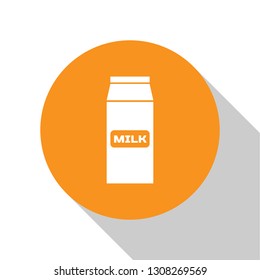 White Paper package for milk icon isolated on white background. Milk packet sign. Orange circle button. Flat design. Vector Illustration