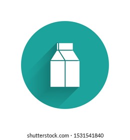 White Paper package for milk icon isolated with long shadow. Milk packet sign. Green circle button. Vector Illustration