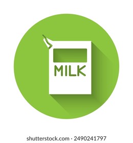 White Paper package for milk icon isolated with long shadow. Milk packet sign. Green circle button. Vector Illustration