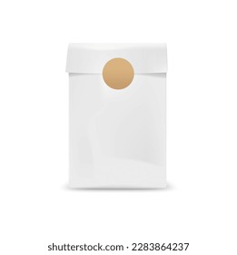 White paper package with sticker mockup. Isolated realistic 3d vector takeaway pouch mock up. Blank box for coffee and tea, takeout bag for fast food, pack template for identity or branding design