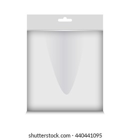 White Paper Packaging Box With Hanging Hole. Transparent. With Hang Slot. White Blank Plastic Pocket Bag. Vector Illustration