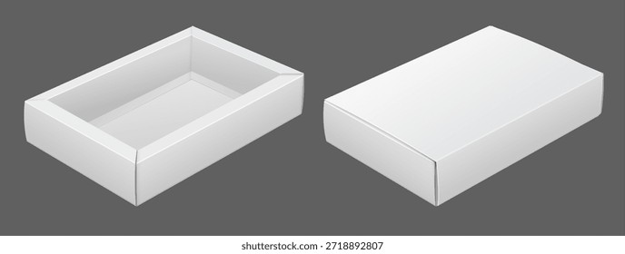 Maqueta de caja de embalaje de papel blanco. Cajas abiertas y cerradas en una funda corredera. Realista. Vector 3D Ilustración aislada.