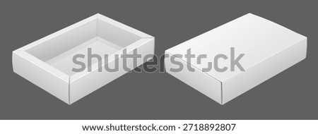 White paper packaging box mockup. Open and closed boxes in a sliding sleeve cover. Realistic. Vector 3D Illustration Isolated.
