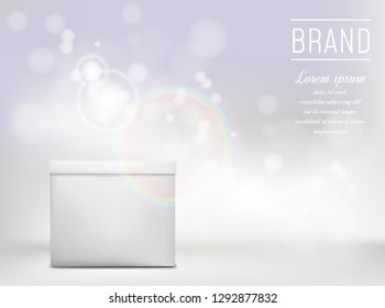 White paper packaging on blue background with bokeh effect.