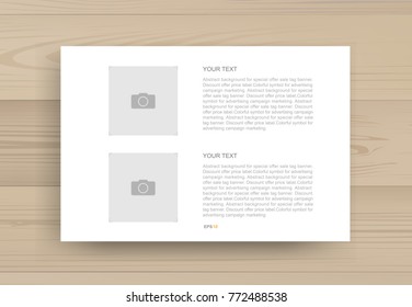 White paper page background and picture frame or photo frame area and text with wood background. Vector illustration.