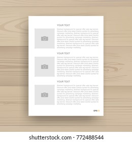 White paper page background and picture frame or photo frame area and text with wood background. Vector illustration.