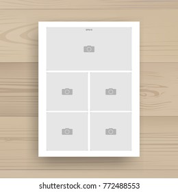 White paper page background with picture frame or photo frame area on wood background. Vector illustration.