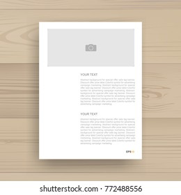 White paper page background and picture frame or photo frame area and text with wood background. Vector illustration.
