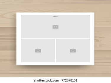 White paper page background with picture frame or photo frame area on wood background. Vector illustration.