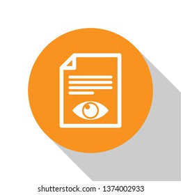 White Paper page with eye symbol icon isolated on white background. Open information file sign. Orange circle button. Flat design. Vector Illustration