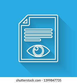 White Paper page with eye symbol line icon isolated with long shadow. Open information file sign. Vector Illustration