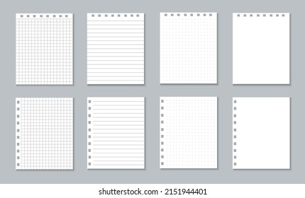 White paper pages of a tear-off notebook. Sheets in a cage and a ruler for a notebook with a spiral.
Realistic blank mockup with shadow. Vector illustration on a gray background.