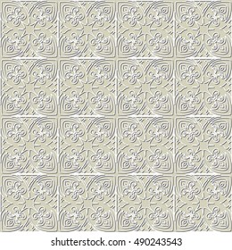 White paper pattern, laser cut lace texture, swirly tulle background, vector seamless ornament in neutral color.