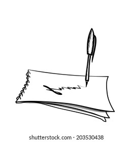 White paper with pen drawing text. Sketch vector illustration isolated on white
