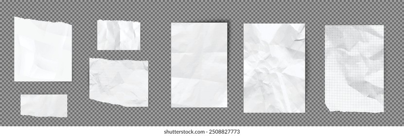 White paper pieces with wrinkles torn edges isolated on gray background.