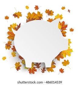 White paper piggy bank with autumn foliage on the white background. Eps 10 vector file.
