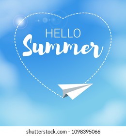 White paper plane in a blue sky with clouds. Hello Summer text in a heart shape. Summer season and vacation theme. Freedom, air travelling concept. Creative modern vector illustration.