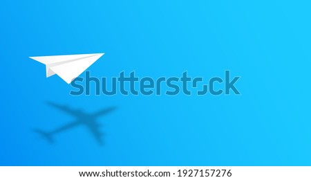 White paper plane casting shadow of airplane on blue background. Concept for travel, business idea, leadership, success, teamwork, creative idea, vision. Vector illustration with copy space