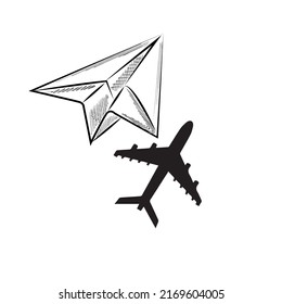Un plano de papel blanco proyecta la sombra de un avión sobre un fondo blanco. Concepto de viajes, idea de negocios, liderazgo, éxito, trabajo en equipo, idea creativa, visión. Ilustración vectorial con espacio de copia