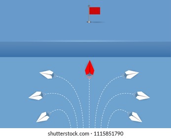white paper plane changing direction from red. competing.  with gap between paths in front. go to the goal of success on the opposite. business finance concept. leadership. creative idea