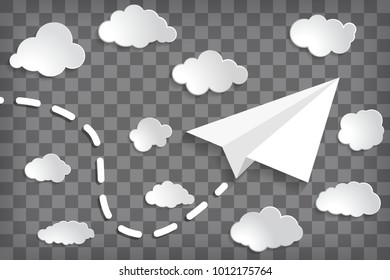 White paper plane with clouds on the chequered background