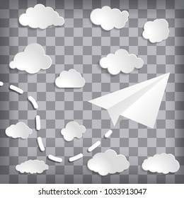 White paper plane with clouds on the chequered background