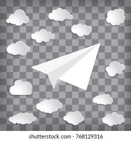 White paper plane with clouds on the chequered background