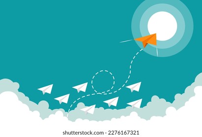 White Paper plane competition with one orange airplane fly ahead in the sky. Vector illustration flat design for poster, banner, presentation, and background.