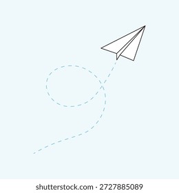 White paper plane, dotted line path, blue background, simple, outline, message, direction