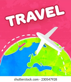 White paper plane flies over the colorful earth at pink background. Travel concept vector illustration.